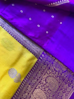 Pure Katan Banarasi Saree Purple and Mustard Yellow Color SILK MARK CERTIFITED