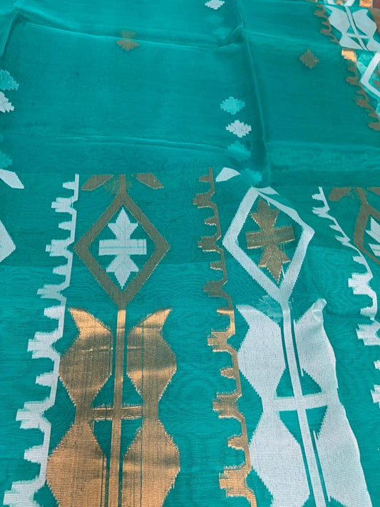 Muslin Saree Turquoise with White & Golden