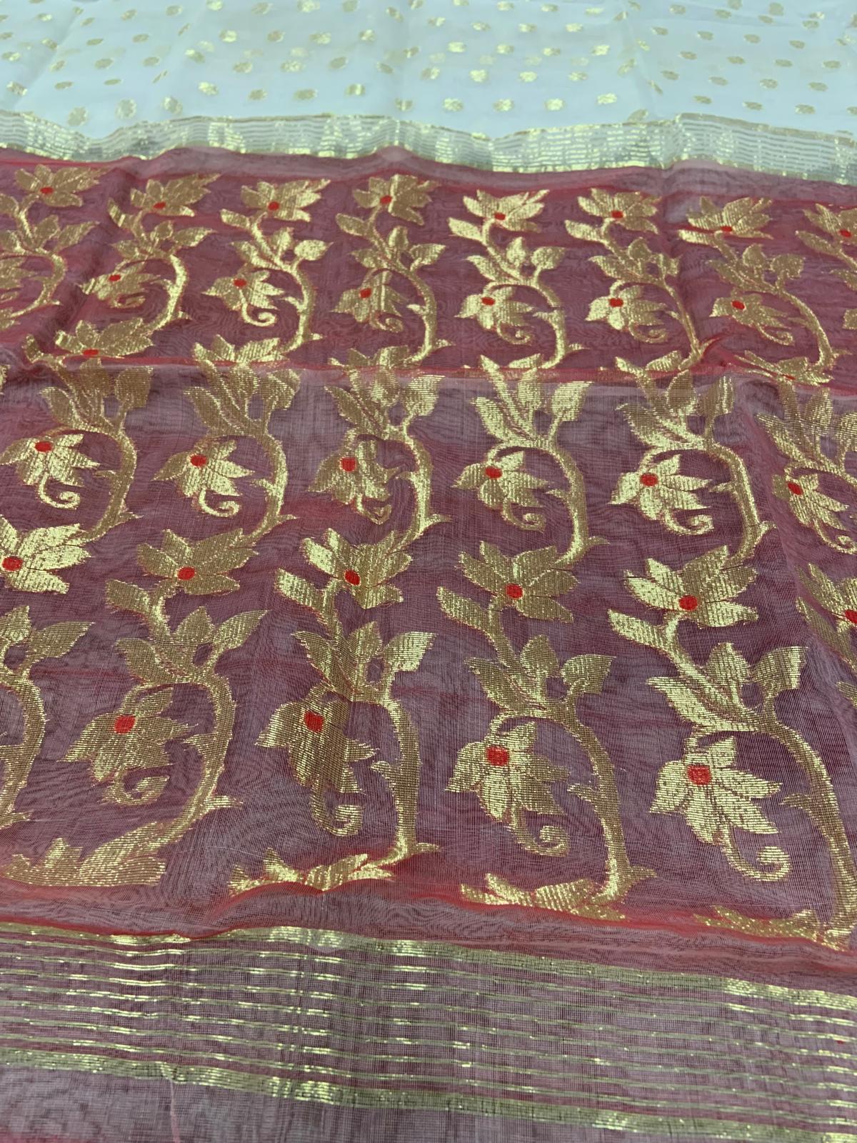 Muslin Saree White Based & Red Golden