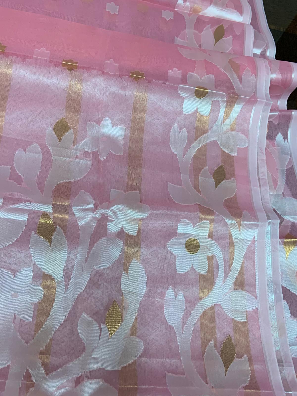 Muslin Saree Pink with White & Golden Zari