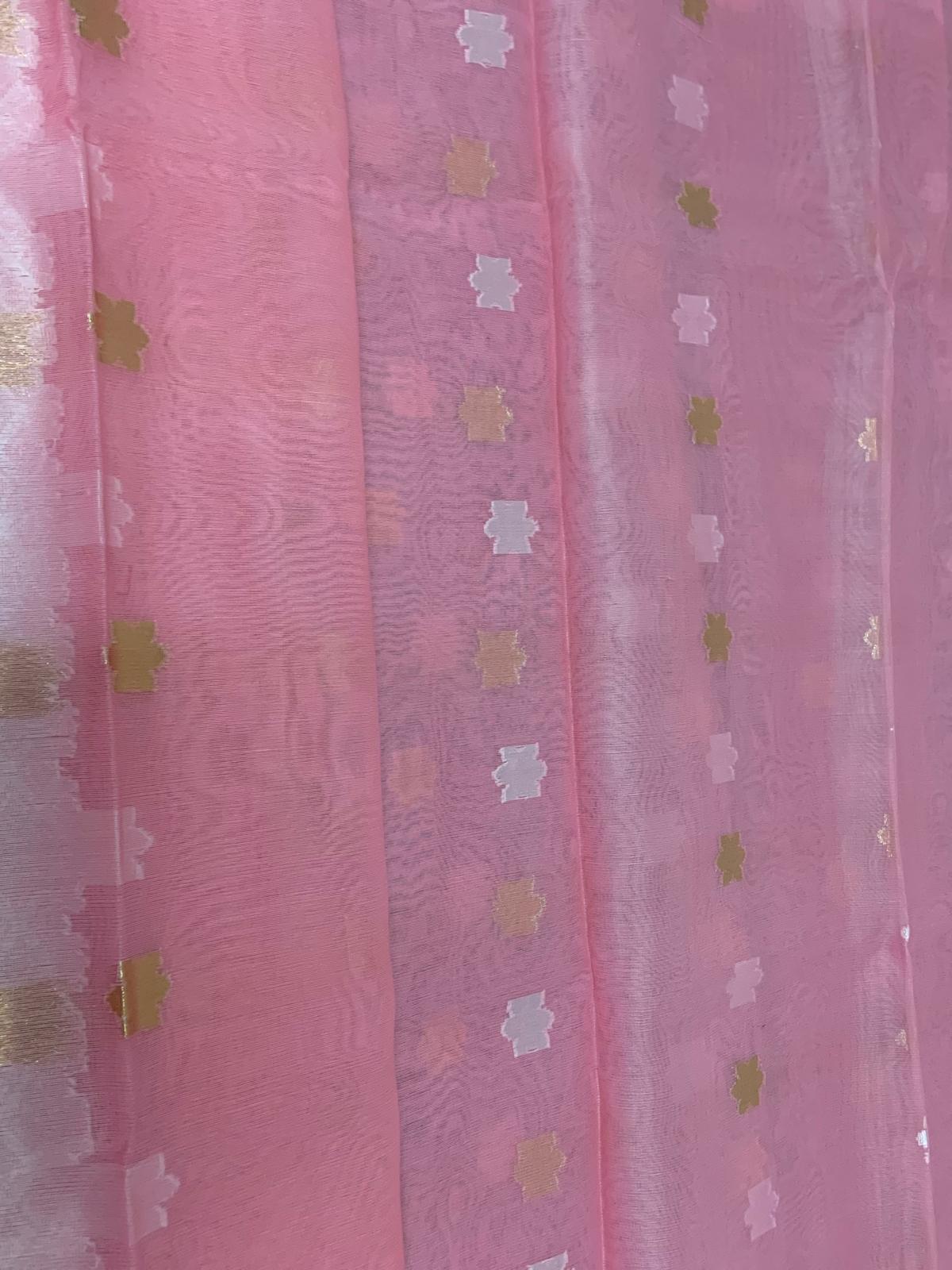 Muslin Saree Pink with White & Golden Zari