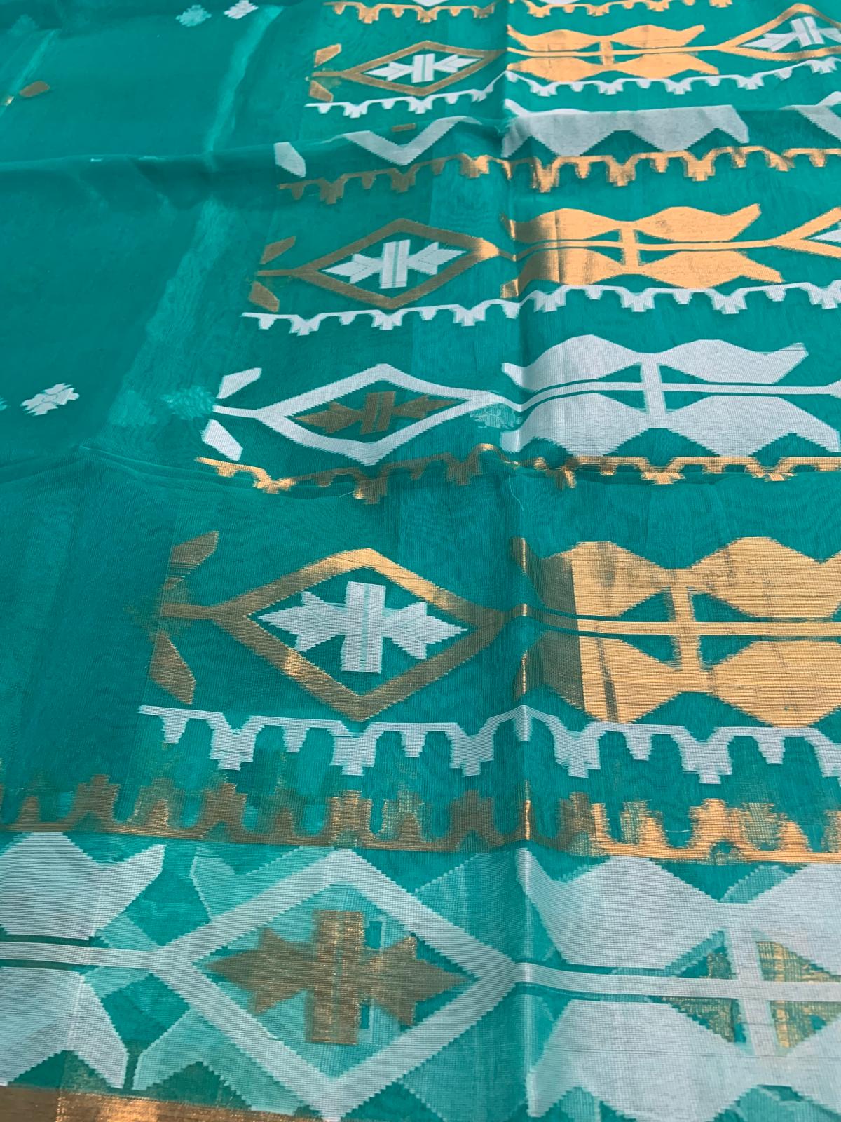 Muslin Saree Turquoise with White & Golden