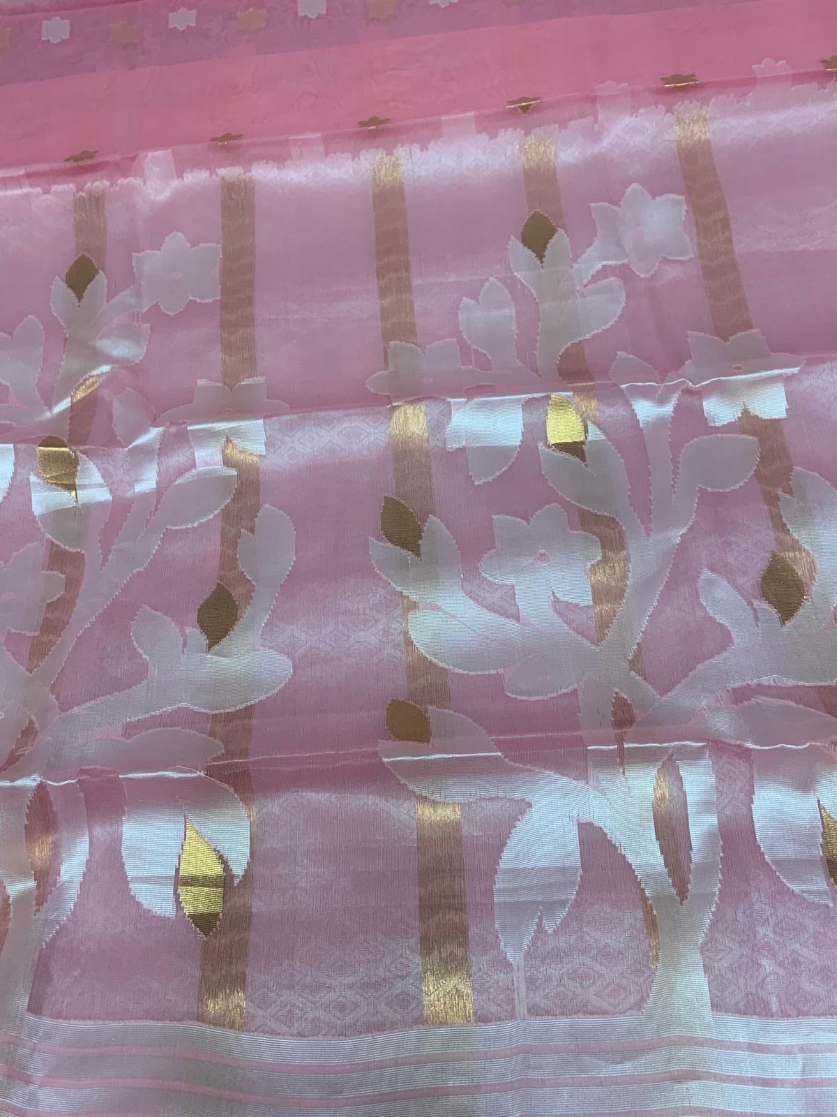 Muslin Saree Pink with White & Golden Zari