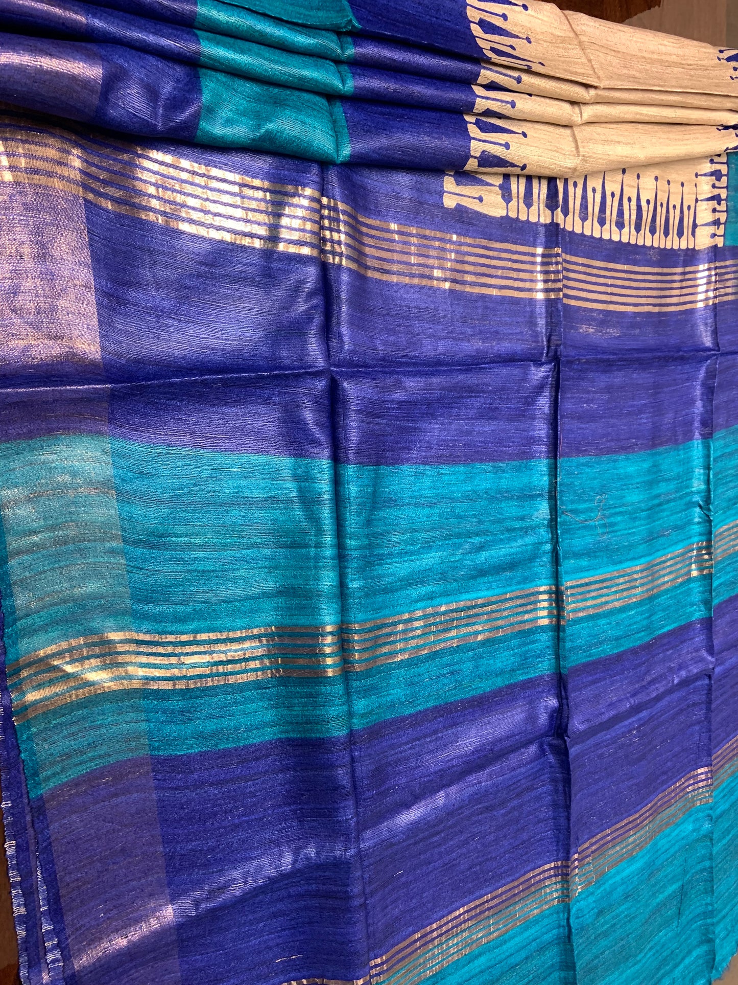 Blue and Turquoise Exclusive Ghicha Tassar Saree