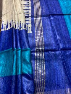 Blue and Turquoise Exclusive Ghicha Tassar Saree
