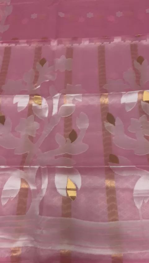 Muslin Saree Pink with White & Golden Zari